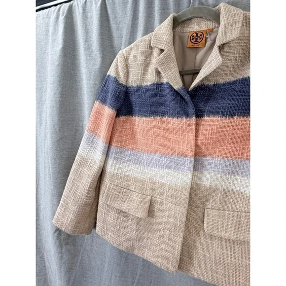 Tory Burch Striped Tweed Cropped Blazer Size 2 Neutral Multi Summer‎ Workwear - Picture 9 of 12